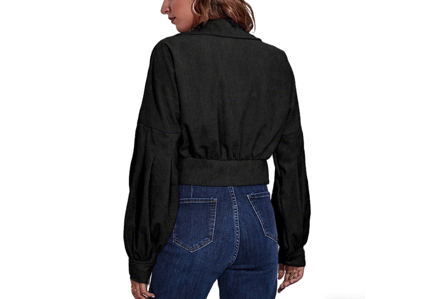 Женское пальто YesFashion Women Cropped Jacket Lapel Collar Patch Pocket Button Front Puff Long Sleeve Loose Short Outerwear Coat, black, цвет: Чёрный — фото 2