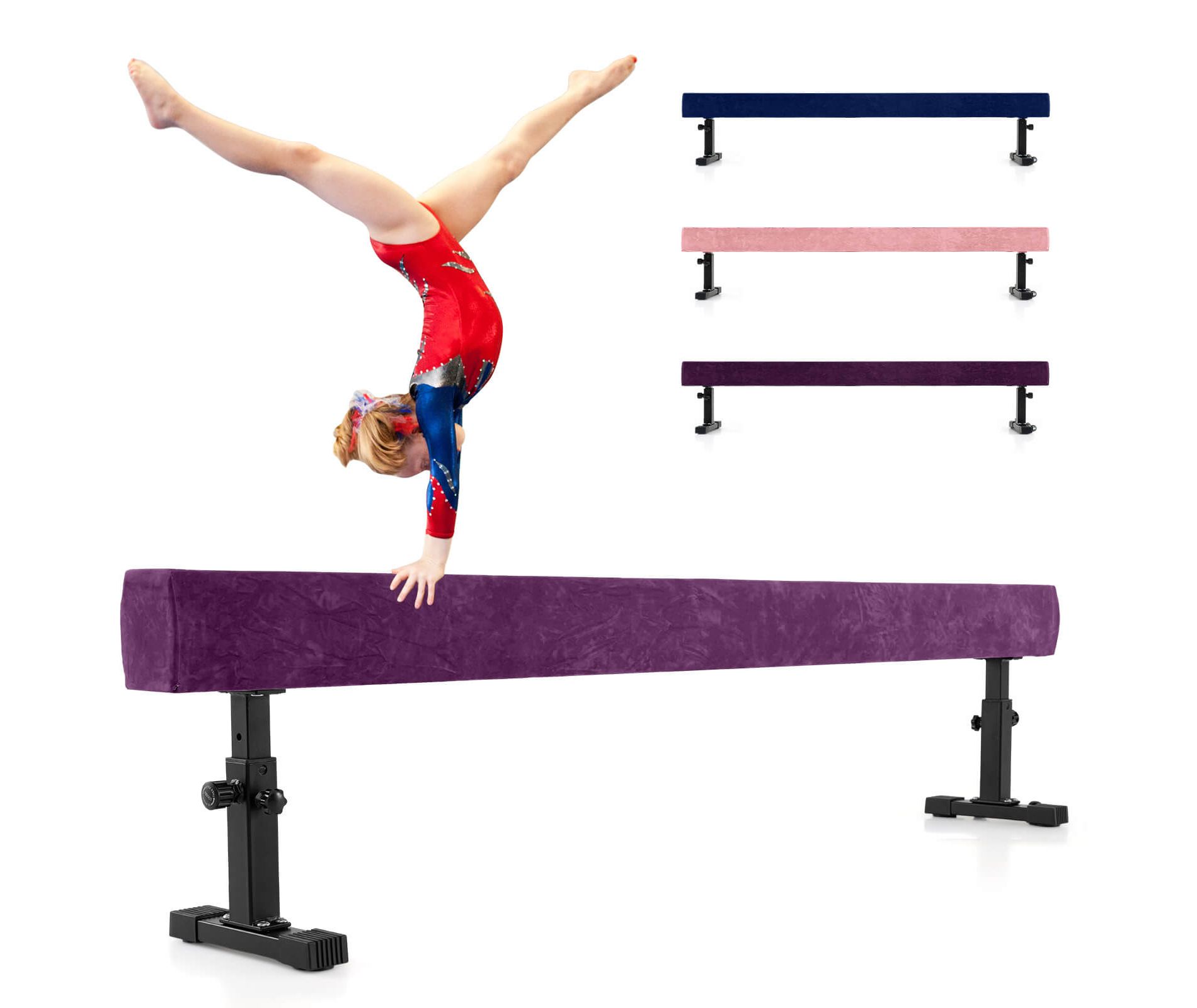 Costway 7.5 ft High and Low Gymnastics Beam with 3 Heights Heavy Duty Metal Legs & Wheels Purple/Blue/Pink