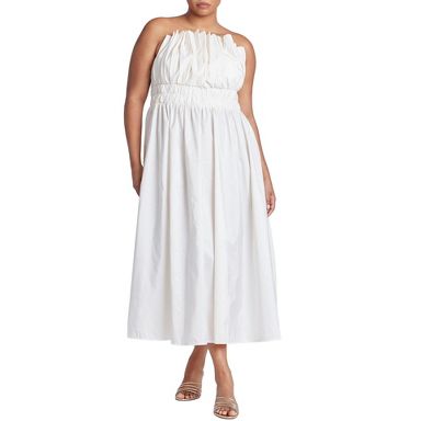 strapless open back dress Pink Pleated Chiffon V Neck Ruffle Midi Dress