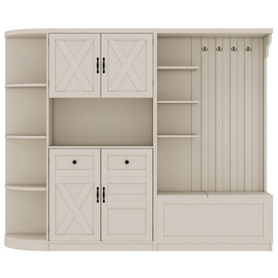 Tiramisubest Hall Cabinet with Storage - Left/Right Design Sideboard with 4 Hooks, Multifunctional Entryway Organizer