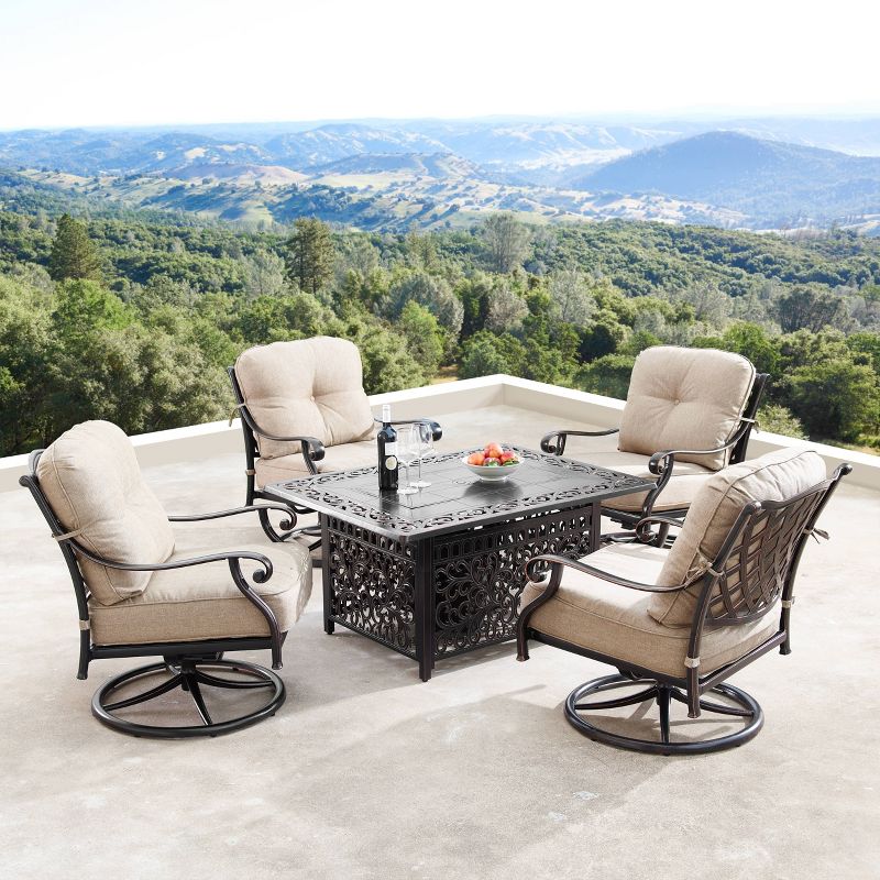 5pc Outdoor Dining Set with 48&#34; Rectangle Fire Table, Deep Seating Swivel Rocking Chairs, Wind Blocker Lid &#38; Fabric Covers - Oakland Living, 3 of 18