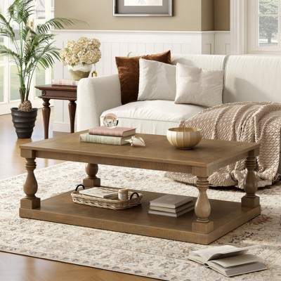 KIGFTSOD Vintage Coffee Table with Artistic Vase Column Legs and Luxurious Pine Veneer for Living Room, Study Room