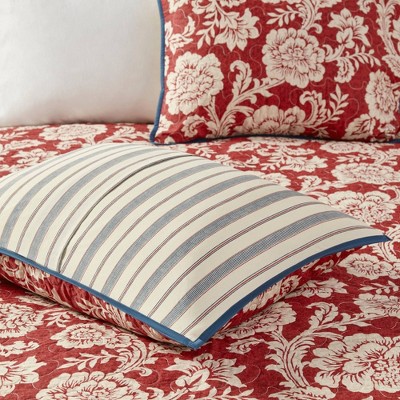 Red Floral Cotton Queen Duvet Cover Set with Shams