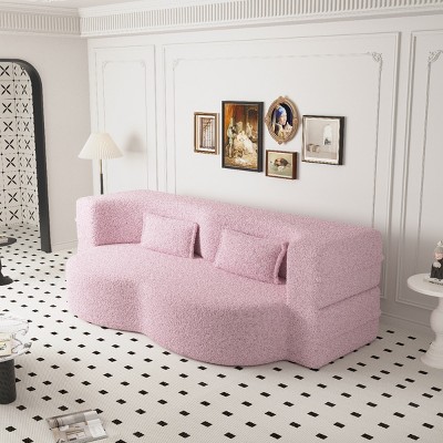 Full Size Modern Convertible Floor Sofa Bed, Foldable Bed with Foam-Filled Mattress, Teddy Fabric Bed with Pillows and Cushions-Baofuwish