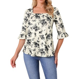 INSPIRE CHIC Women's Fall Floral Casual Square Neck Ruffle 3/4 Sleeve Tunic Top Blouse - 1 of 4