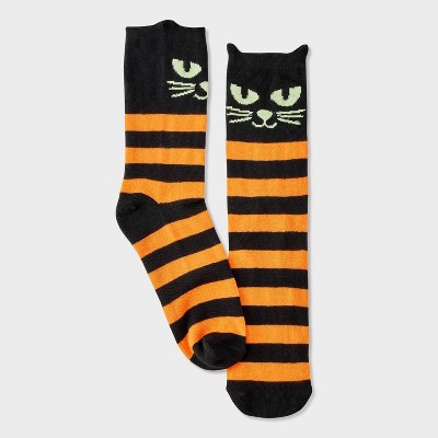 Women's Black Cat with Glow - in - the - Dark Eyes Striped Halloween Crew Socks - Hyde and EEK! Boutique™ Black/Orange 4 - 10