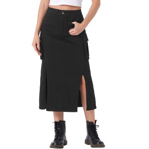 INSPIRE CHIC Women's Denim Y2K Split Hem Midi Cargo Skirt with Pocket - 1 of 4