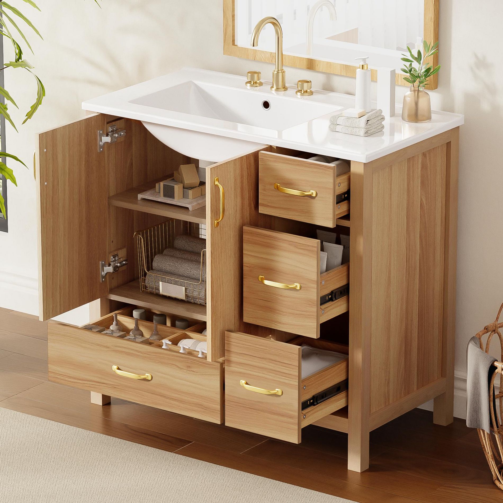 Merax 36" Solid Wood Bathroom Vanity with Convenient Storage Space, Wood