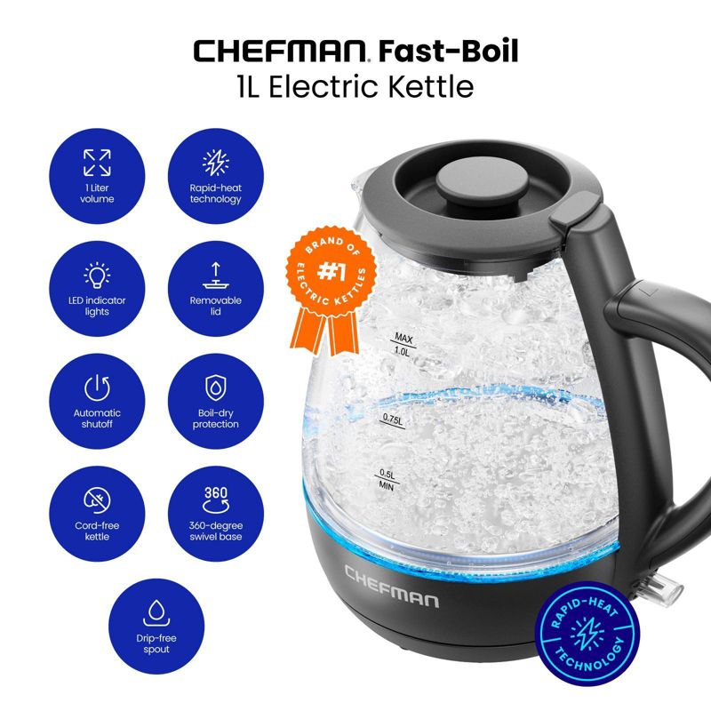 Chefman 1L Rapid-Boil Kettle with Automatic Shutoff - Black, 3 of 9