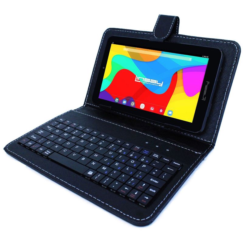 LINSAY 7" Super Bundle 64GB Storage Android 13 Tablet with Black Keyboard Earphones and Pen, 1 of 2