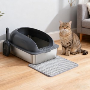 FONTOI Enclosed Stainless Steel Litter Box with High Sides Scoop Mat Large Cat Litter Pan with Lid for Big Cats, Dark Grey 23.6"* 15.7"*11.8" - 1 of 4