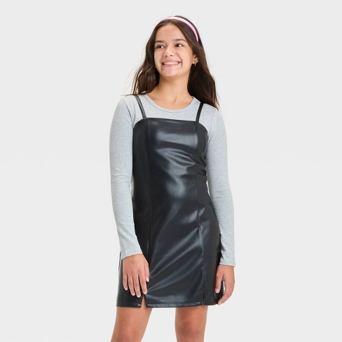 Girls Faux Leather Pinafore Dress Art Class Black Target