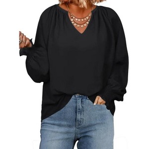 Coolmee Womens Plus Size Tops Casual V Neck Smocked Long Sleeve Chiffon Blouse Flowy Work Shirts - 1 of 4