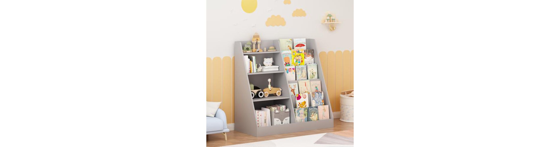 Kids Bookshelf and Toy Storage Organizer, 4 Tier Wooden Bookcase Display Shelf for Kids Room, Playroom Nursery, Toddler Book Storage, Gray