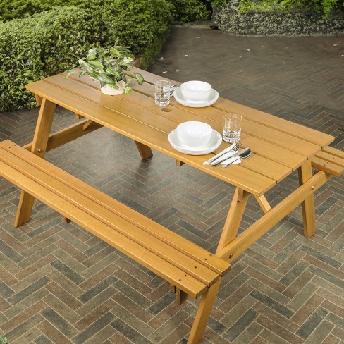 Shoreham 59 Modern Classic Outdoor Wood Picnic Table Benches With Umbrella Hole Teak Brown Jonathan Y Target