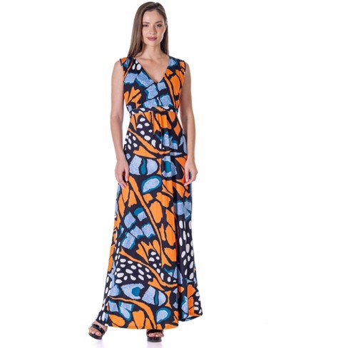 24seven Comfort Apparel Womens Orange Butterfly Print V Neck Tie Back  Empire Waist Sleeveless Maxi Dress : Target