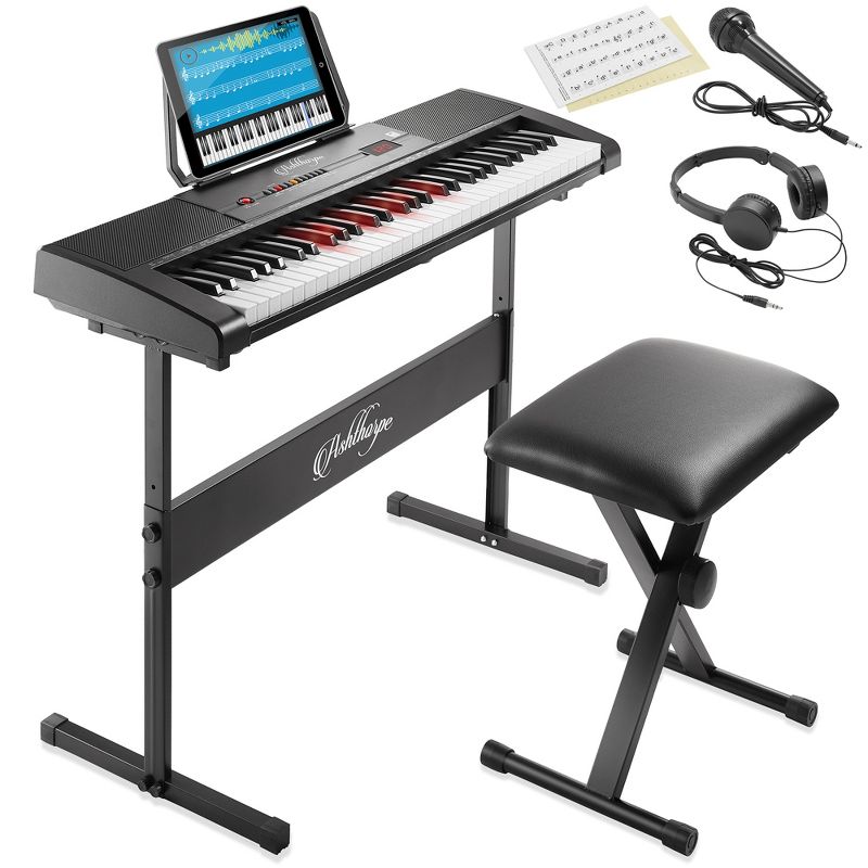 Ashthorpe 61-Key Digital Electronic Keyboard Piano with Light Up Keys, Portable Beginner Kit with Adjustable Stand, Stool, Headphones & Microphone, 1 of 8