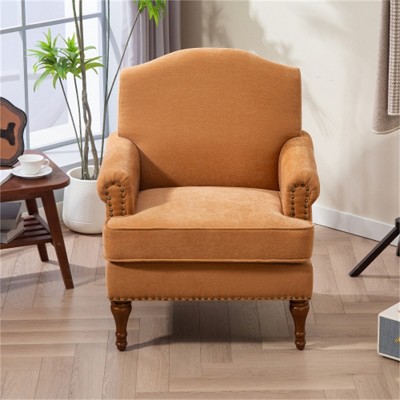 SKRAN Farmhouse Accent Chair,Nailhead Trim Armchair,Comfy Chenille Club Sofa Chair with Springs Cushions & Wood Legs for Bedroom ,Living Room(Brown)