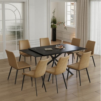 5-Piece Extendable Dining Table Set with Sintered Stone Tabletop and 4 Chairs, Carbon Steel Legs for Kitchen or Dining Room-Tanpinhause