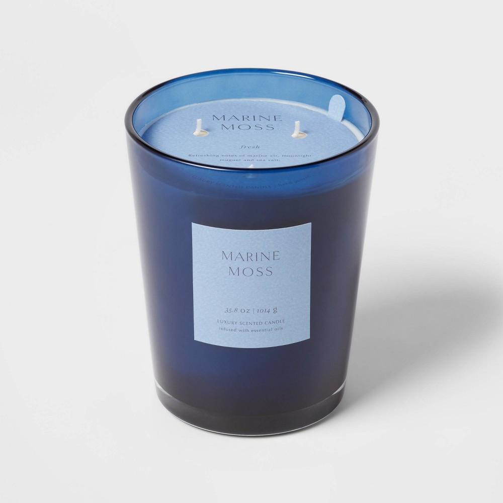 35.8oz Colored Vase Glass with Dustcover Marine Moss Candle Blue - Threshold™: Elegant Glass Jar, 3 Wicks, 70hr Burn Time