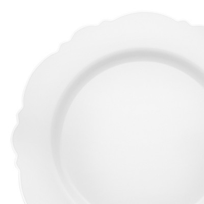 Smarty Had A Party 10.25" White w/ Silver Rim Blossom Plastic Dinner Plates - 120 pcs
