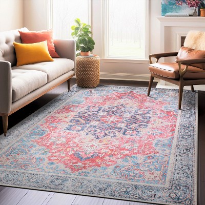 Red and Blue Synthetic Flat Woven Medallion Area Rug