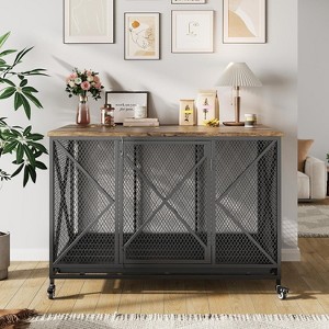 Acekool 48'' Heavy Duty Dog Crate Furniture with Wheels, Flip Top, Removable Tray, End Table Indoor Pet Cage for Small to Large Dogs, Black - 1 of 4