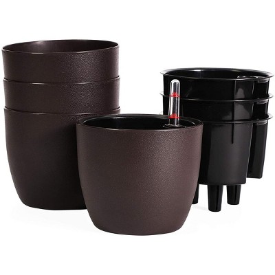 Juvale 4 Pack Self Watering Planter Pots with Water Level Indicator for Indoor & Outdoor Plant, Dark Brown 4.3 in