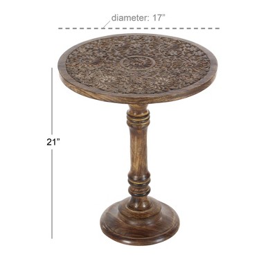 Majestic Floral Carved Dark Brown Mango Wood Round Accent Table