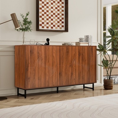 Whisen Modern Art Solid Wood Sideboard & Buffet, Storage Cabinet with Wave Relief Design, Iron Legs
