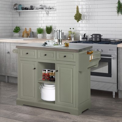 Gray Stainless Steel Top Kitchen Cart with Spice Rack and Storage