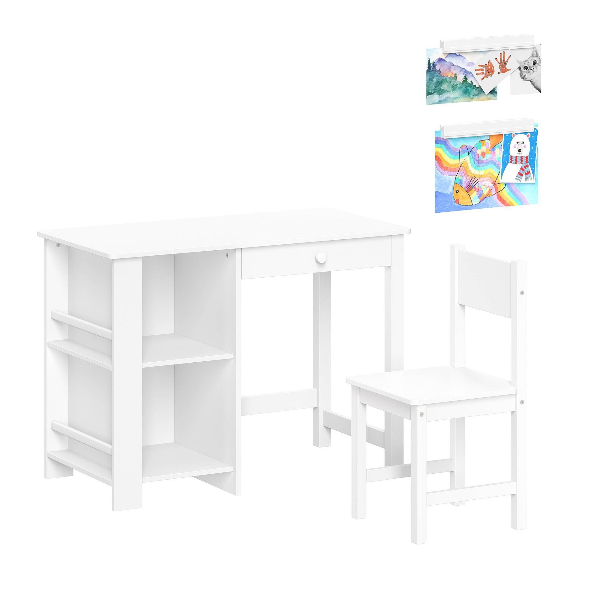 RiverRidge Kids' Desk and Chair Playroom Set with 2 Art Storage Cubbies and 2 Side Bookshelves White with 2 Magnetic Art Display Bars