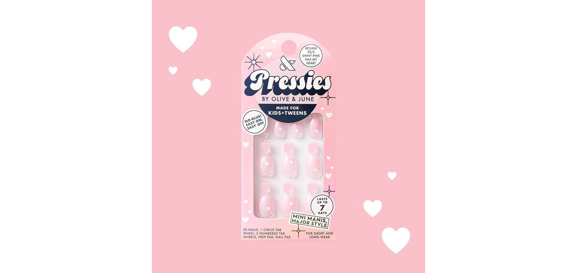 Olive & June Pressies Fake Nails - XS/S Round - Shiny Pink Has My Heart - 28ct