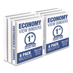 Samsill Economy Round Ring View Binders, 3 Rings, 1" Capacity, 11.5 x 8.5, White, 6/Carton - 1 of 1