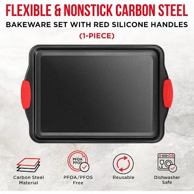 Medium Nonstick Carbon Steel Cookie Sheet Pan with Red Silicone Handles