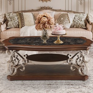 Rectangular Coffee Table With Marble Paper Top, Birch Middle Shelf, Metal Legs Modern Sleek Cocktail Table,abstract,brown,52in,4.3ft - 1 of 4