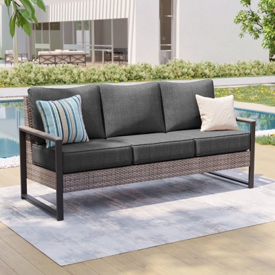 Sonkuki Outdoor Wicker Patio 3-Seat Sofa, PE Rattan Conversation Set With All-Weather Cushions