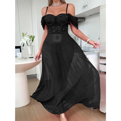 Clotth Ladies Long Lingerie Dress - Sheer Lace Mesh Lingerie Set with Thong, Elegant Nightwear Outfit, Women's Charming Babydoll Lingerie, Black