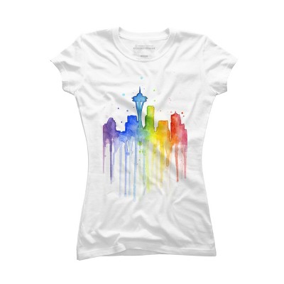 Junior's Design By Humans Seattle Skyline Rainbow Watercolor By OlechkaDesign T-Shirt