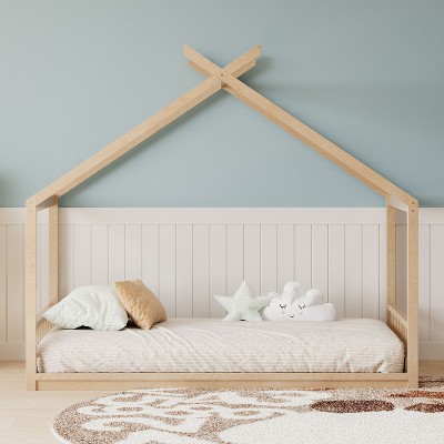 Okak Montessori House Floor Bed Twin/Full Size,Solid Wood Bed Frame with Safety Rails & Headboard, Low-Profile Kids Bed,Slat Not Required