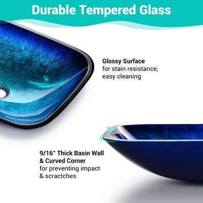 Blue Tempered Glass Rectangular Vessel Sink with Waterfall Faucet