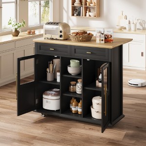 41" Kitchen Island with Drop Leaf, Rolling Island with 2 Glass Door Cabinets, 3 Open Shelves & 2 Drawers - 1 of 4