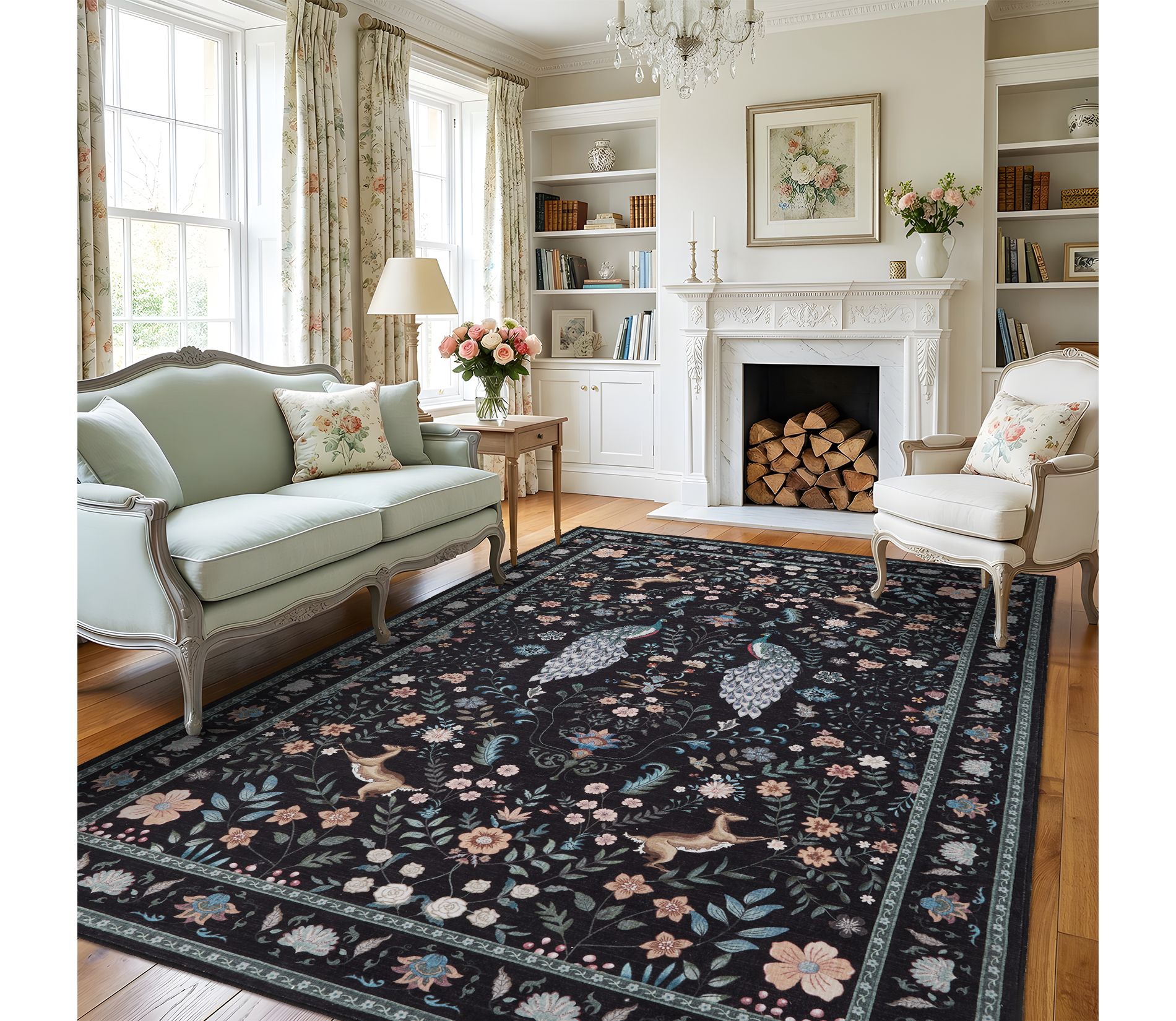 10'x13' Peacock Farmhouse Extra Large Washable Non Slip Area Rug with Rubber Backing , Stain Resistant Indoor Carpet for Living Room Office