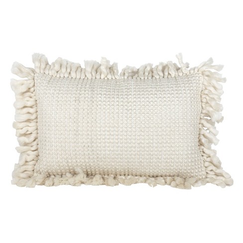 White Oversized 14x36 Hand Woven Decorative Cotton and Jute Lumbar Throw  Pillow with Hand Tied Fringe - Foreside Home & Garden