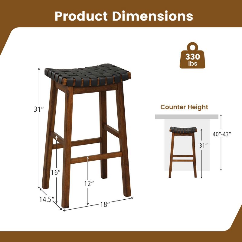 Costway Woven Saddle Stools Set of 2 Faux PU Leather Counter Height Kitchen Stool, 3 of 9