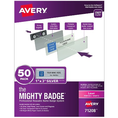 Avery The Mighty Badge Laser Reusable Magnetic Name Badge System 1" x 3" Silver 120 Inserts 50/Pack