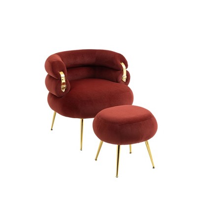 Vynxaria Wine Red Velvet Barrel Accent Chair with Ottoman - Comfy Lounge Armchair
