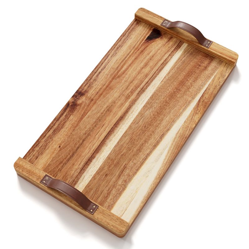 American Atelier Acacia Wood Rectangular Tray with Leather Handles, Serving Platters, Wooden Board for Cheese, Meats, Snack or Charcuterie, 18” x 9”, 4 of 7