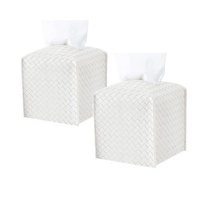 LunaLulinlk 2 Pack Tissue Box Holder, Tissue Box Cover Square, PU Leather Tissues Cube Box Cover, Decorative Woven Facial Tissue Holder White Square