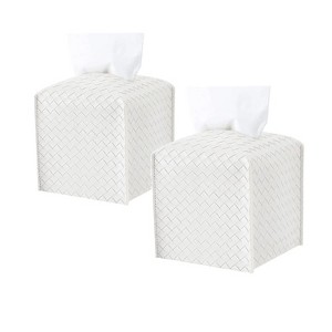 LunaLulinlk 2 Pack Tissue Box Holder, Tissue Box Cover Square, PU Leather Tissues Cube Box Cover, Decorative Woven Facial Tissue Holder White Square - 1 of 4